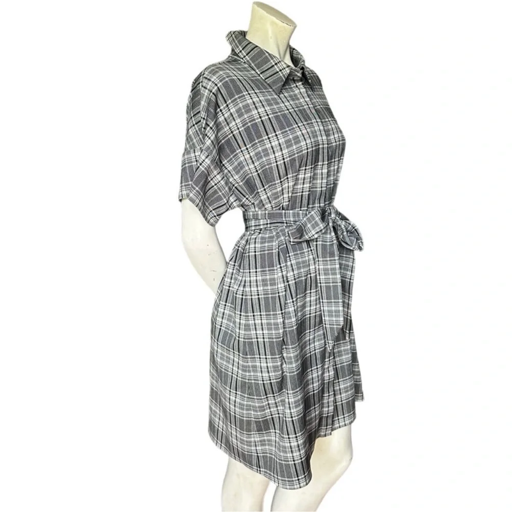 Alice + Olivia Lucette Plaid Belted Mini Dress Black & Gray Size Large - Picture 6 of 11